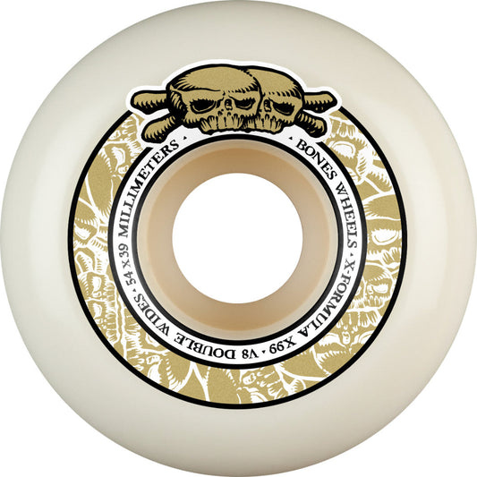 Skateboard wheel with skull design and branding on a white background