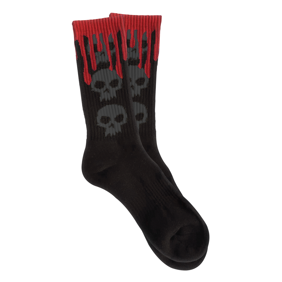 Black socks with gray skulls and red accents on a white background