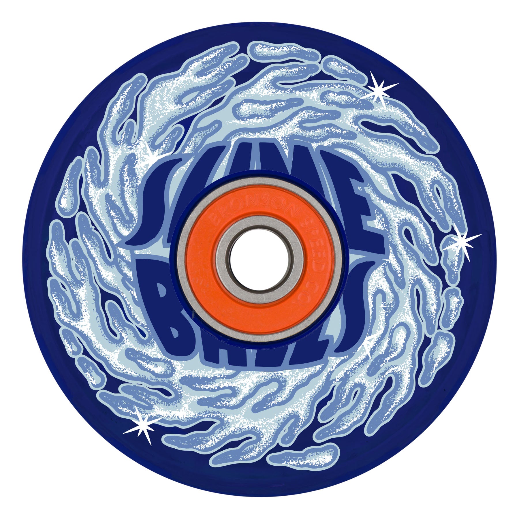 Skateboard wheel with blue rim and orange center on a white background