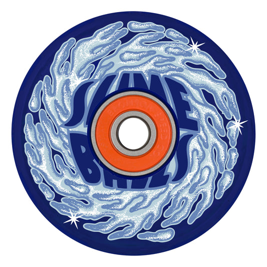 Skateboard wheel with blue rim and orange center on a white background