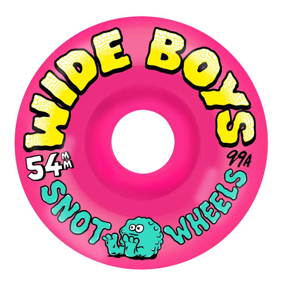 Pink skateboard wheel with 'Wide Boys' and 'Snot Wheels' text on a white background
