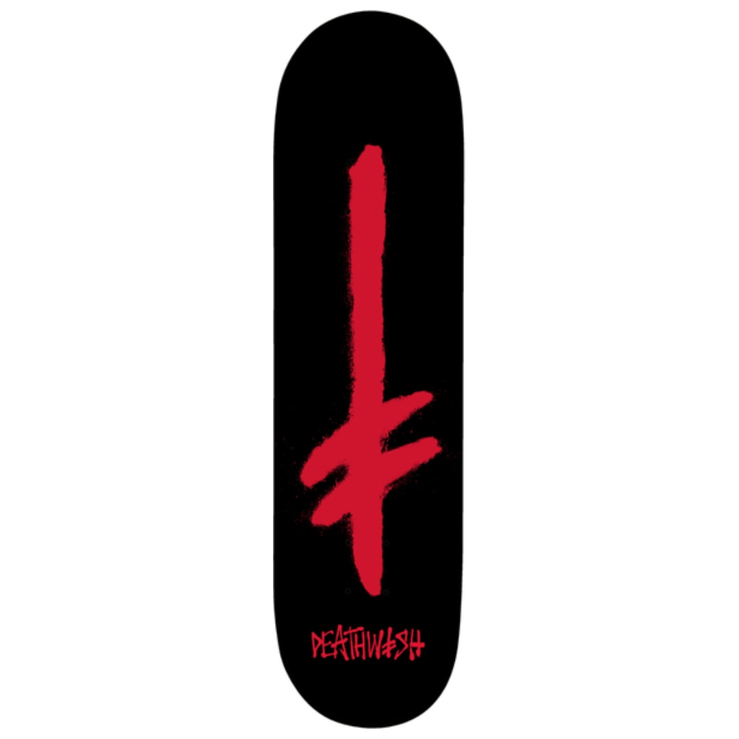 Black skateboard deck with red logo and 'Deathwish' branding on a white background
