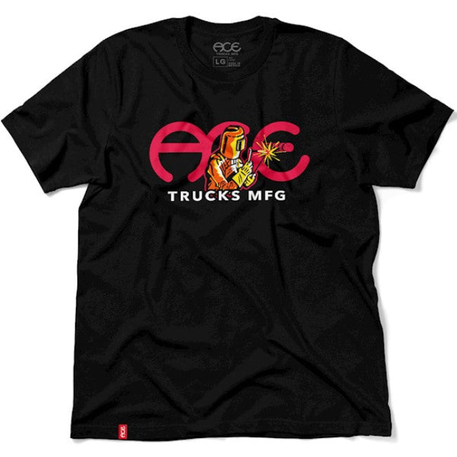 Black t-shirt with a red and yellow graphic design on a white background