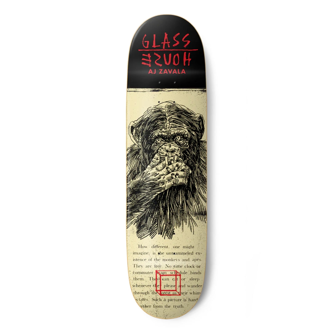 Skateboard deck with a graphic design and text on a white background