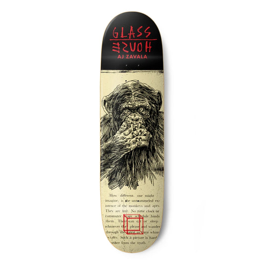 Skateboard deck with a graphic design and text on a white background