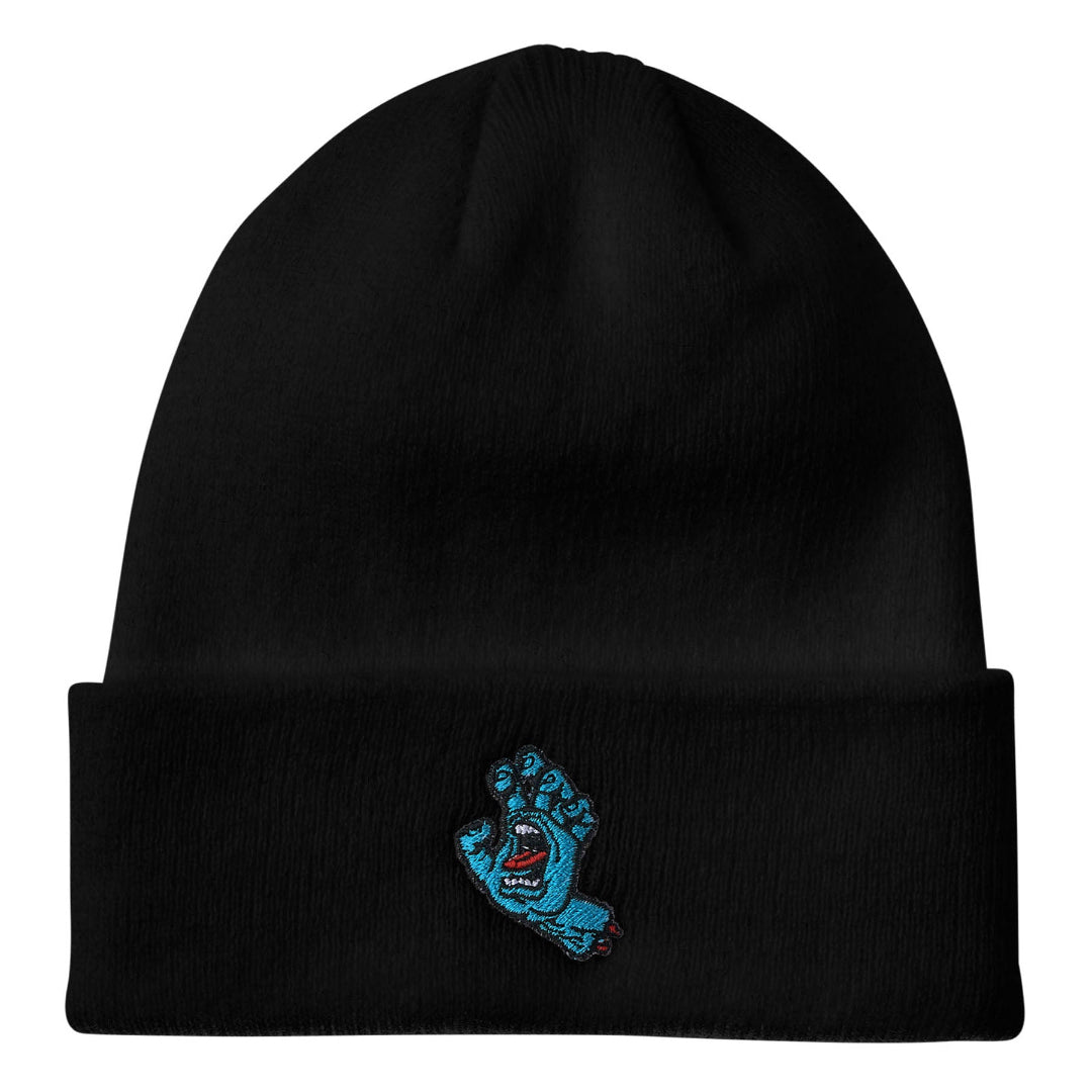 Black beanie with a blue and red embroidered design on a white background