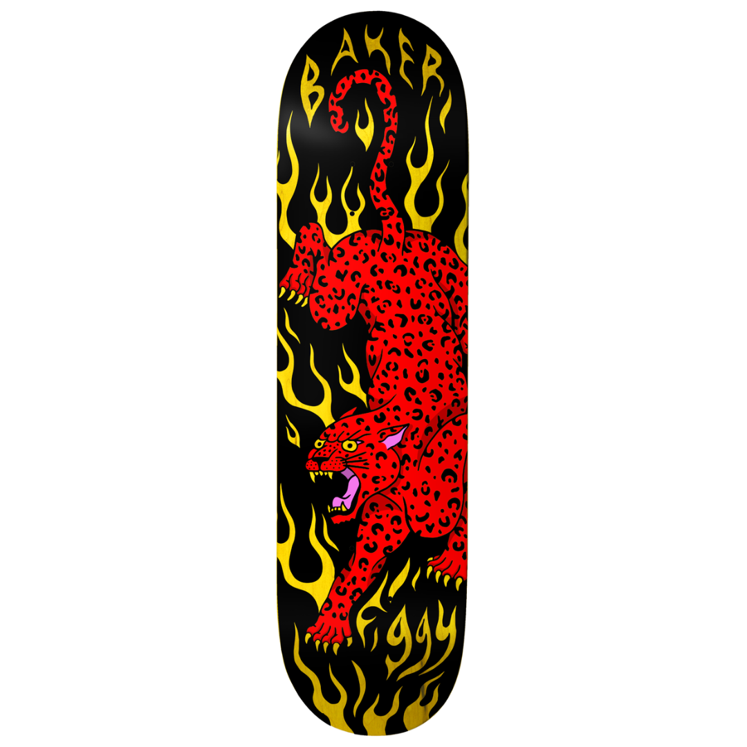 A skateboard deck featuring a graphic design with a red spotted leopard surrounded by yellow flames on a black background, with the brand name 'BAKER' printed at the top.