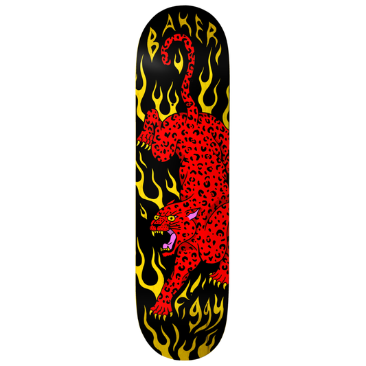 A skateboard deck featuring a graphic design with a red spotted leopard surrounded by yellow flames on a black background, with the brand name 'BAKER' printed at the top.