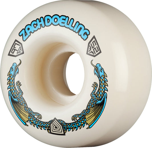 Skateboard wheel with dragon design and 'Zach Doelling' branding on a white background