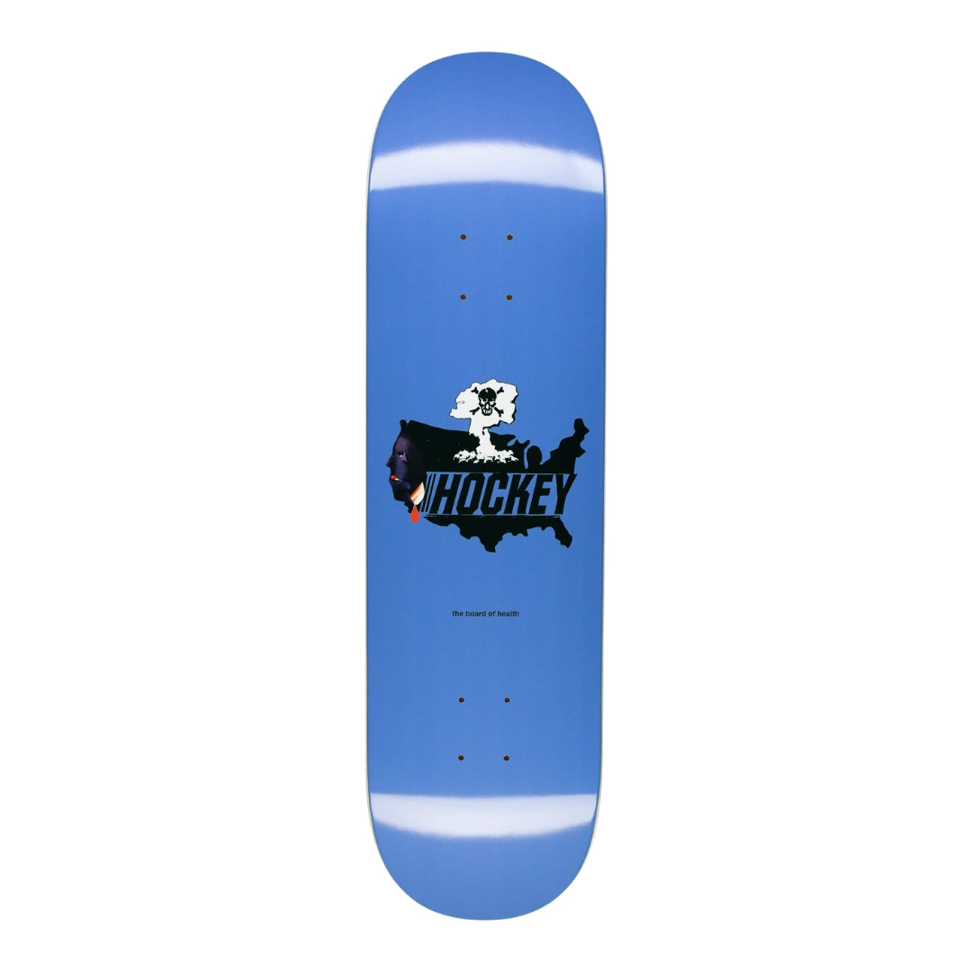Blue skateboard deck with a black and white graphic design on a white background