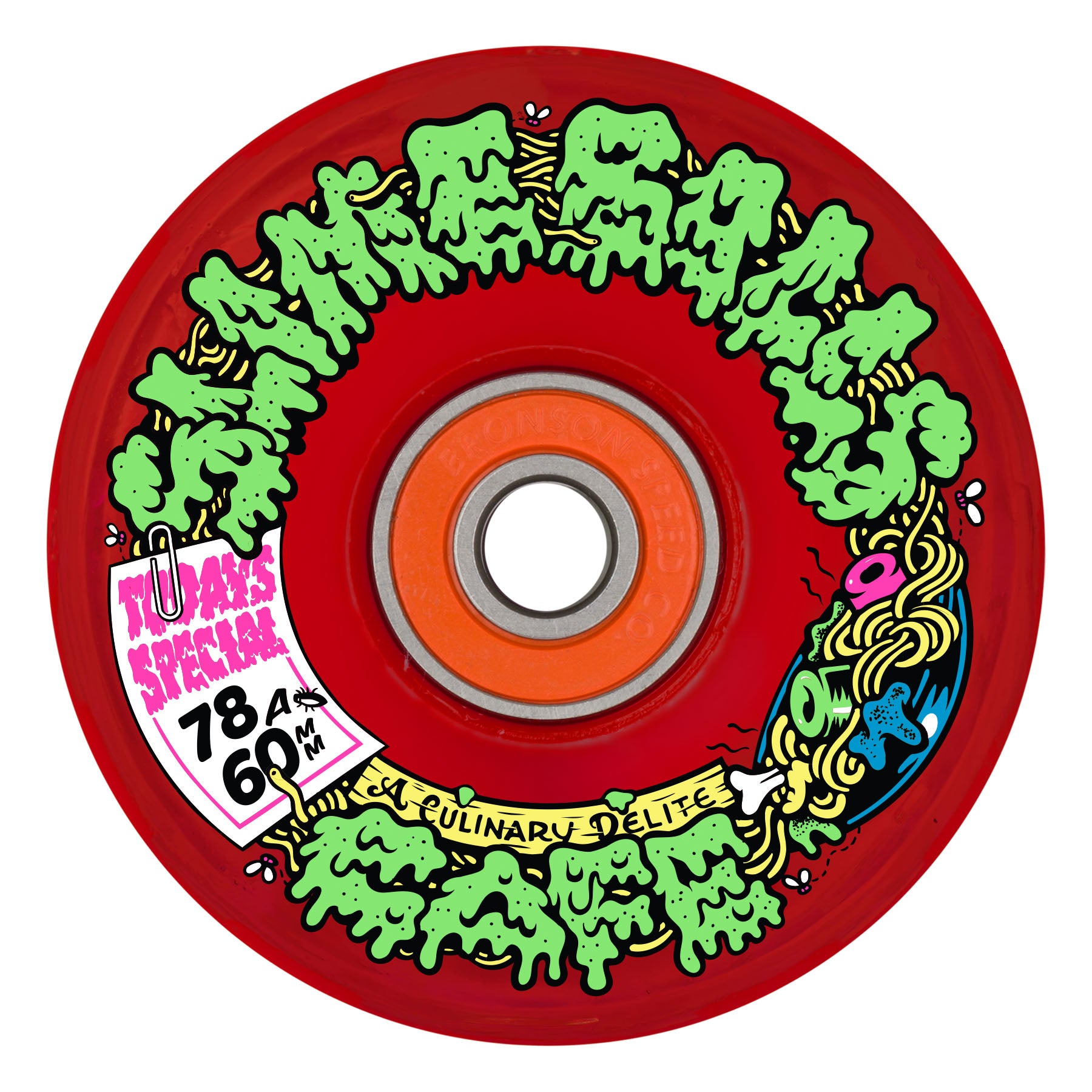 Red skateboard wheel with green graphics and orange center on a white background