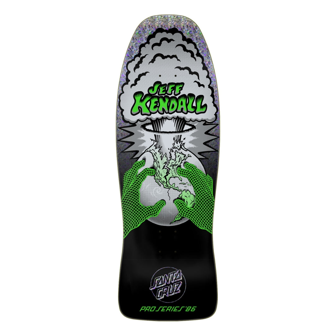 Skateboard deck with 'Jeff Kendall' and 'Santa Cruz' branding on a white background