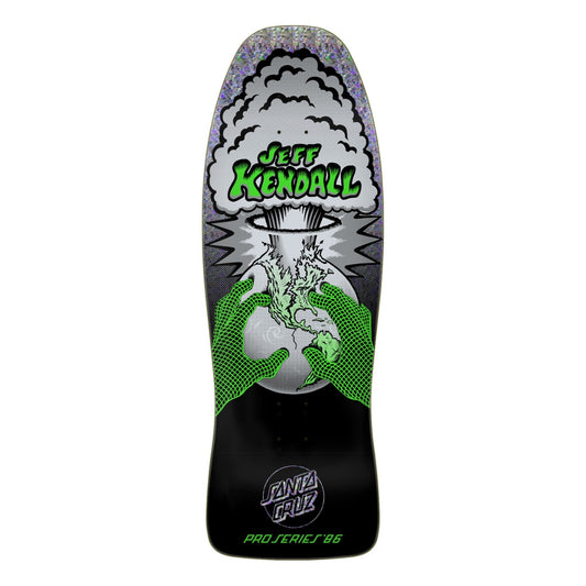 Skateboard deck with 'Jeff Kendall' and 'Santa Cruz' branding on a white background