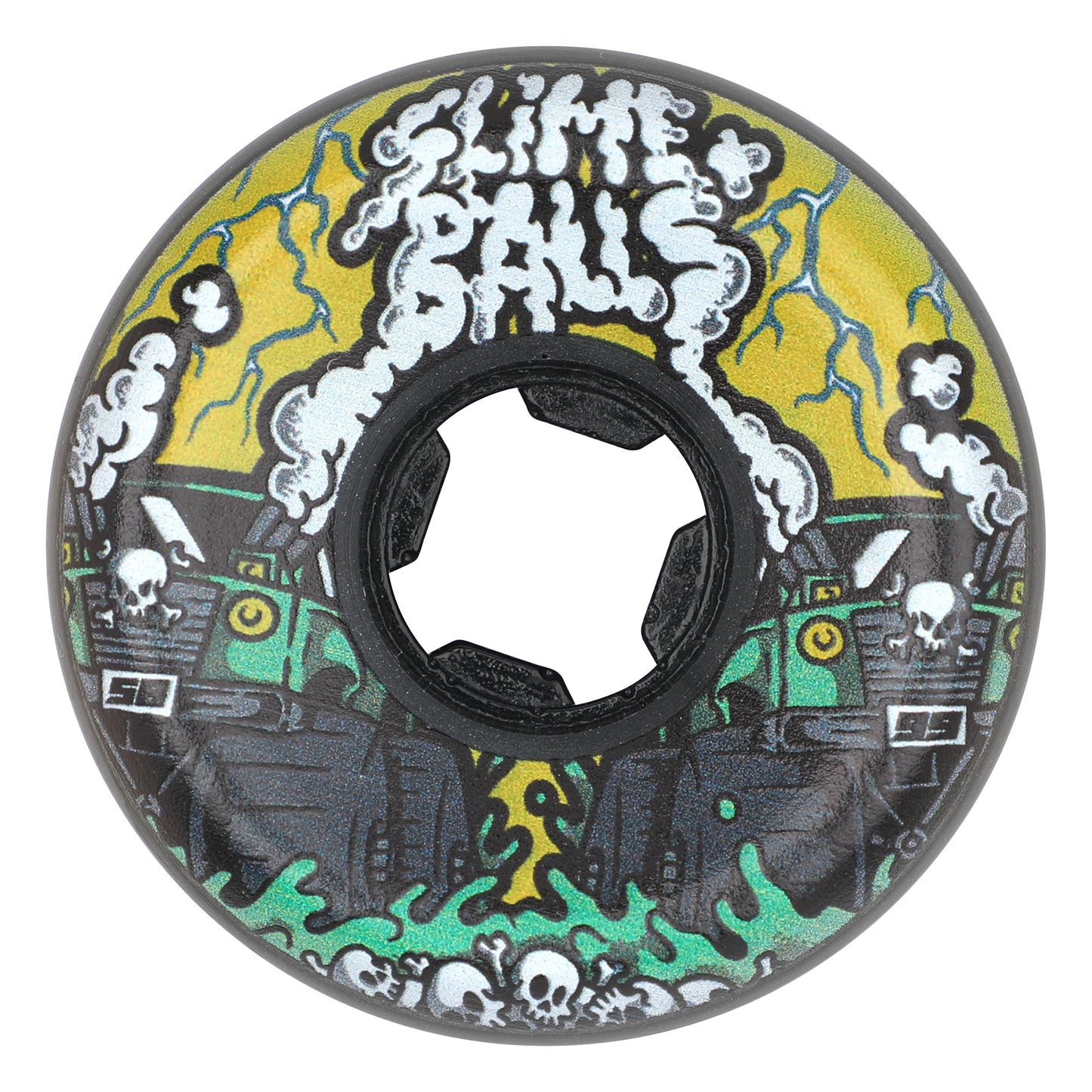 Skateboard wheel with colorful design featuring skulls and text on a white background