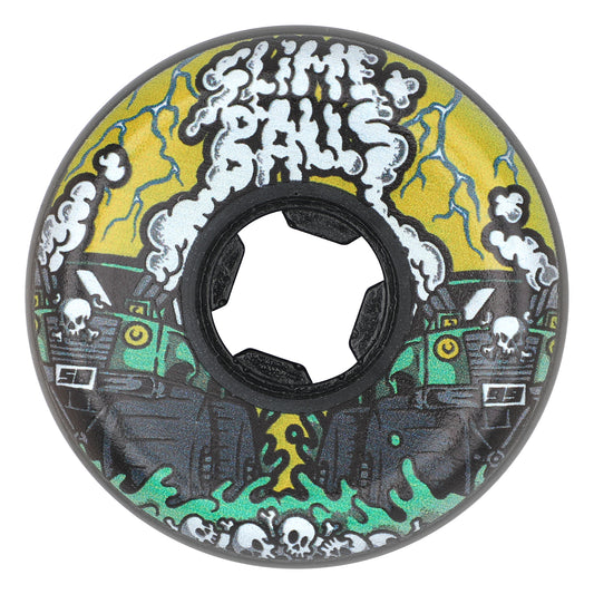 Skateboard wheel with colorful design featuring skulls and text on a white background