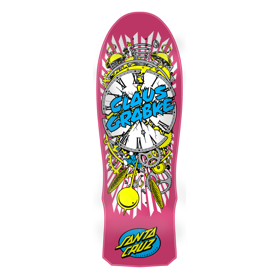 A Santa Cruz skateboard deck featuring a vibrant pink background with a central clock graphic, the text 'CLAUS GRABBE' in blue, and yellow alarm clock details. The Santa Cruz logo is visible at the bottom.