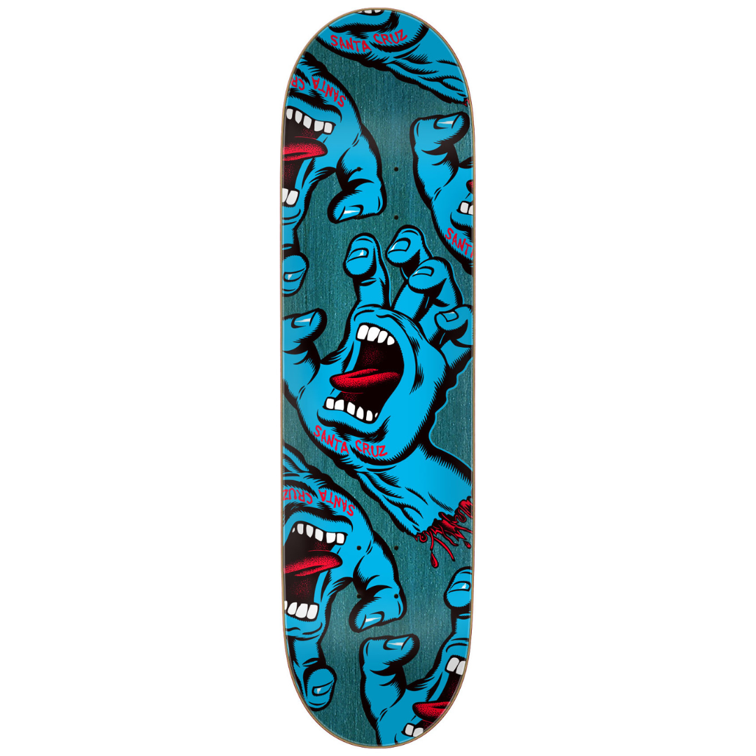 A Santa Cruz skateboard deck featuring a repeating graphic of blue screaming hands on a dark teal background, with red blood details and white text.