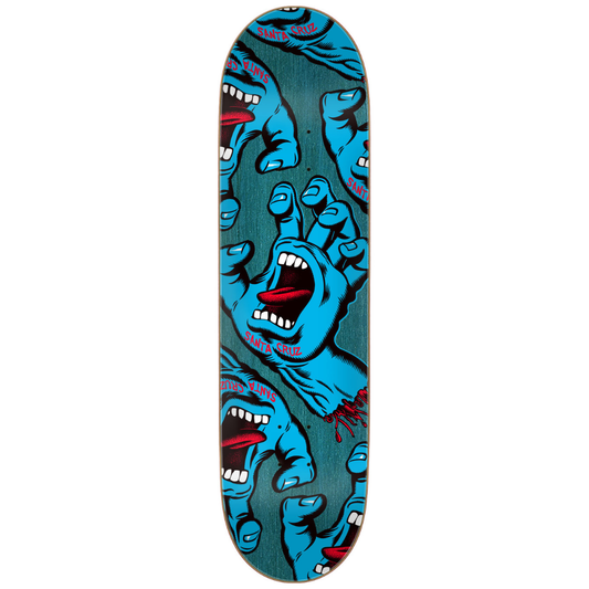 A Santa Cruz skateboard deck featuring a repeating graphic of blue screaming hands on a dark teal background, with red blood details and white text.
