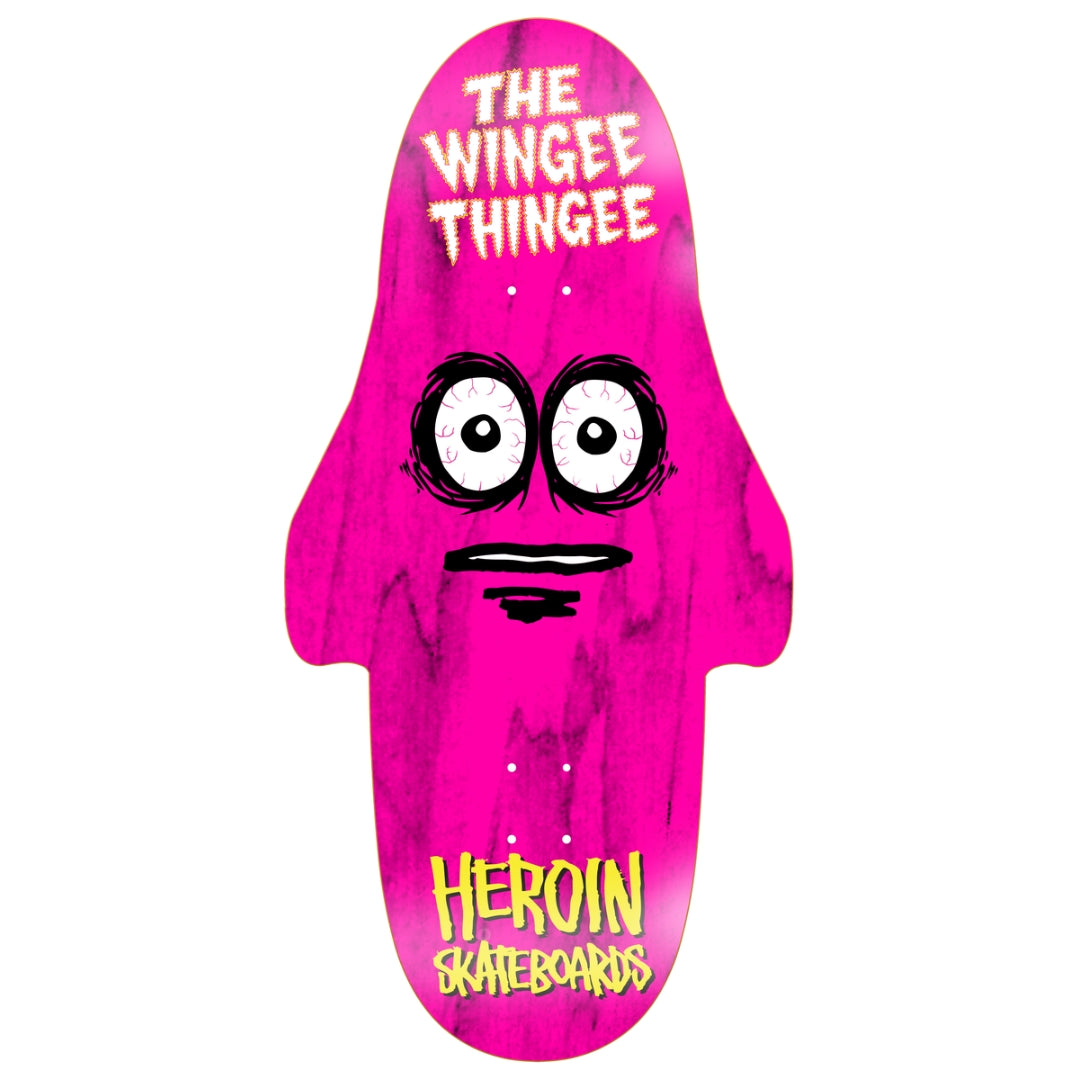 Pink skateboard deck with cartoon face and 'Heroin Skateboards' branding on a white background