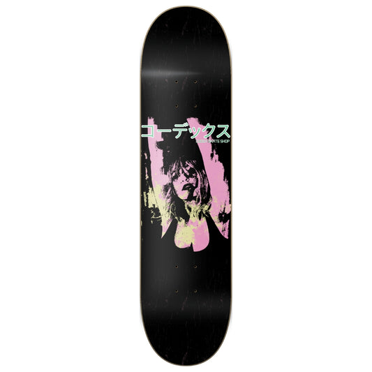 Skateboard deck with a graphic design on a white background