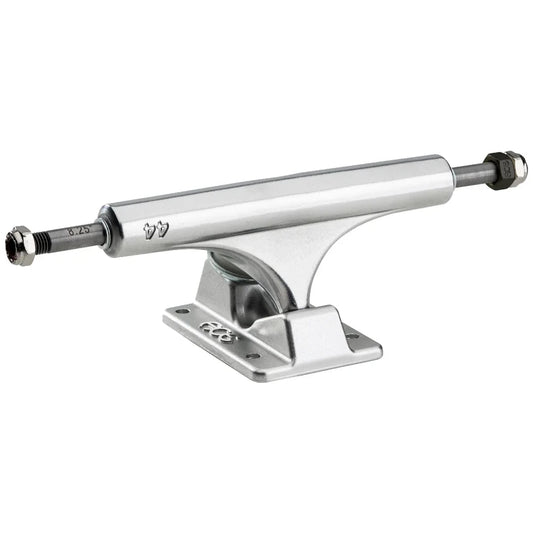 A chrome skateboard truck with a polished silver metal finish, featuring a visible '77' stamp on the side and a black bushing at each end, set against a plain white background.