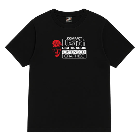 Black t-shirt with graphic design and text on a white background