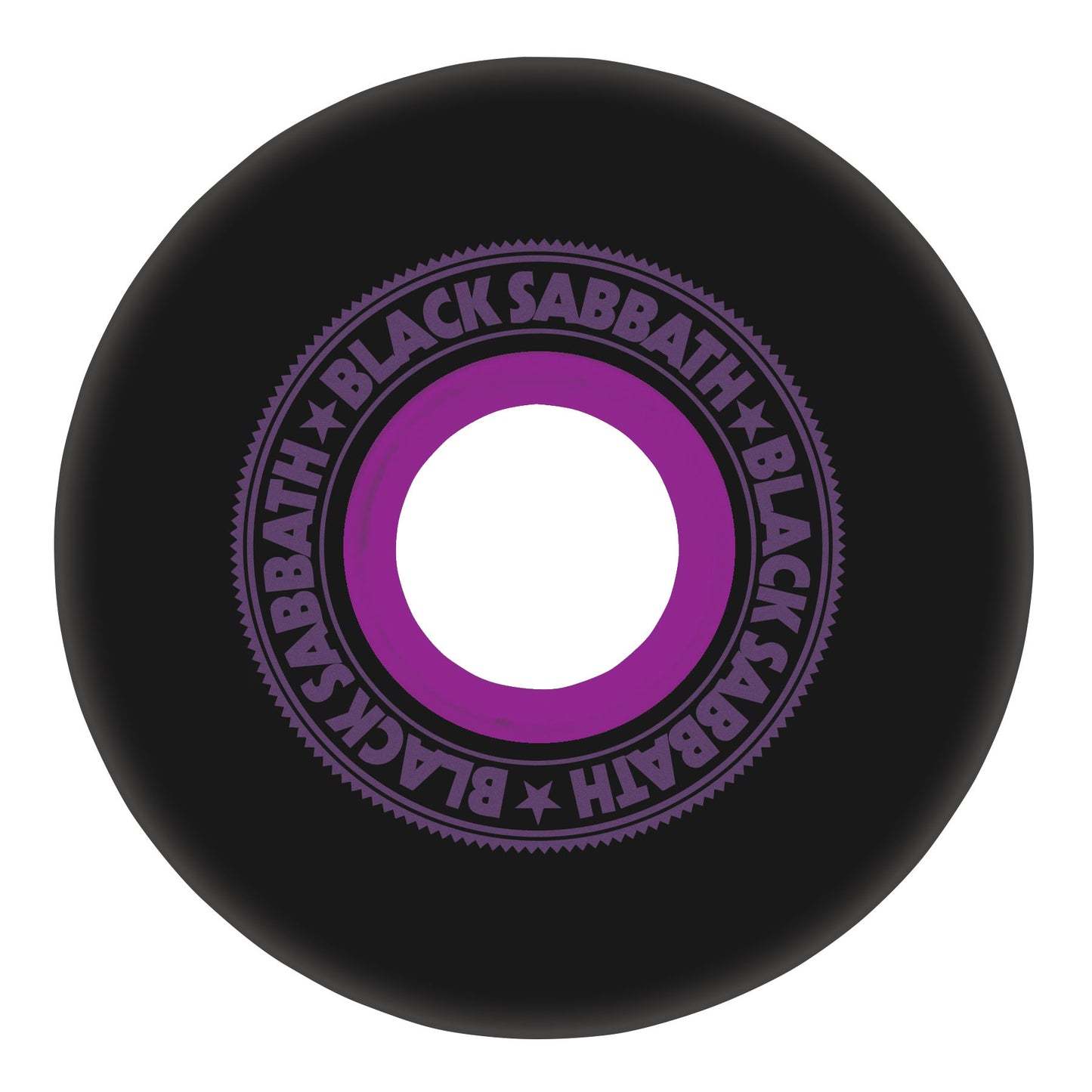 Black circular object with purple 'Black Sabbath' logo on a white background