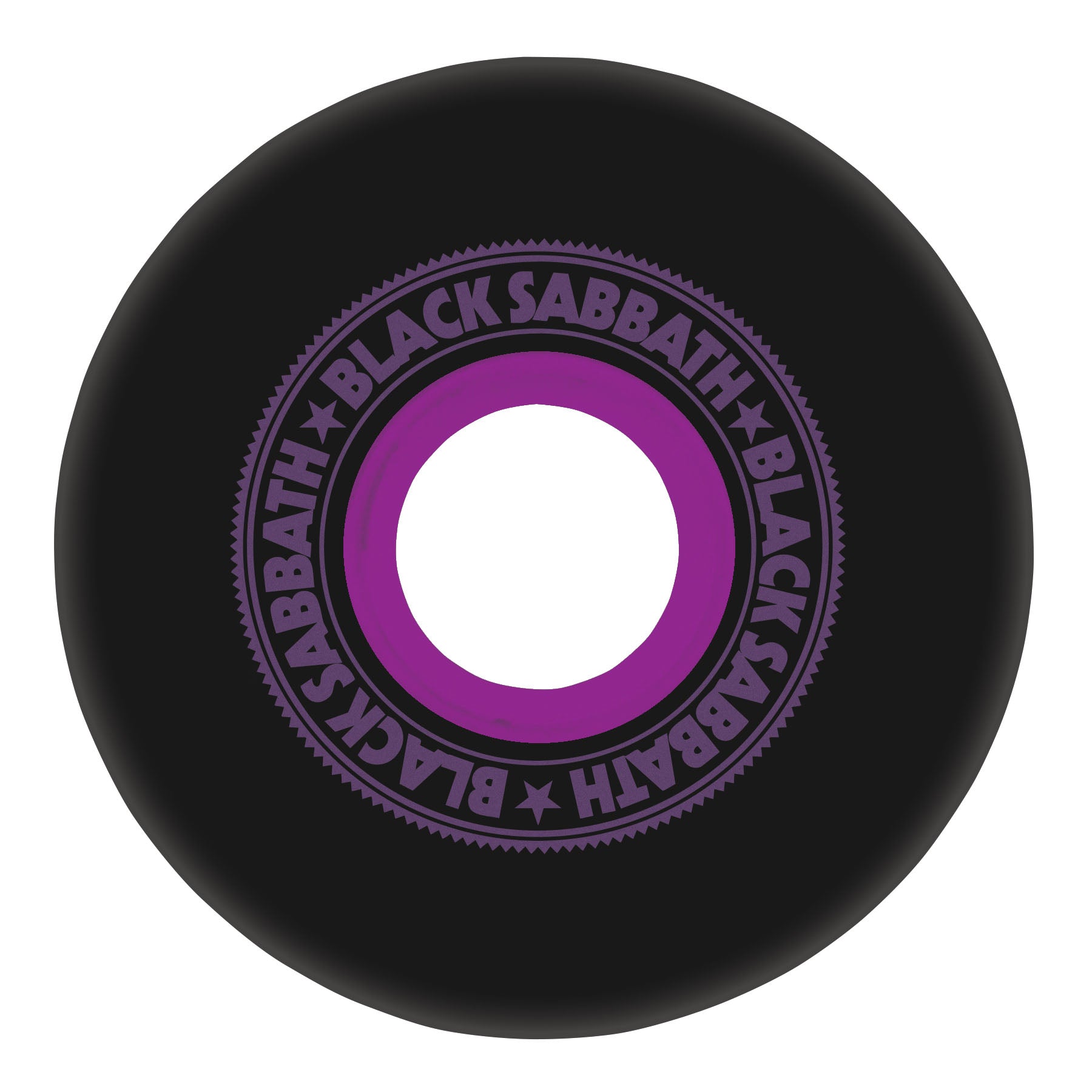Black circular object with purple 'Black Sabbath' logo on a white background