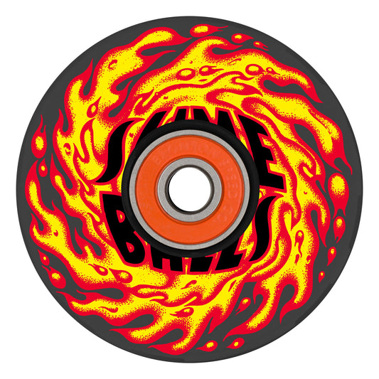 Skateboard wheel with fiery design and visible brand logo on a white background