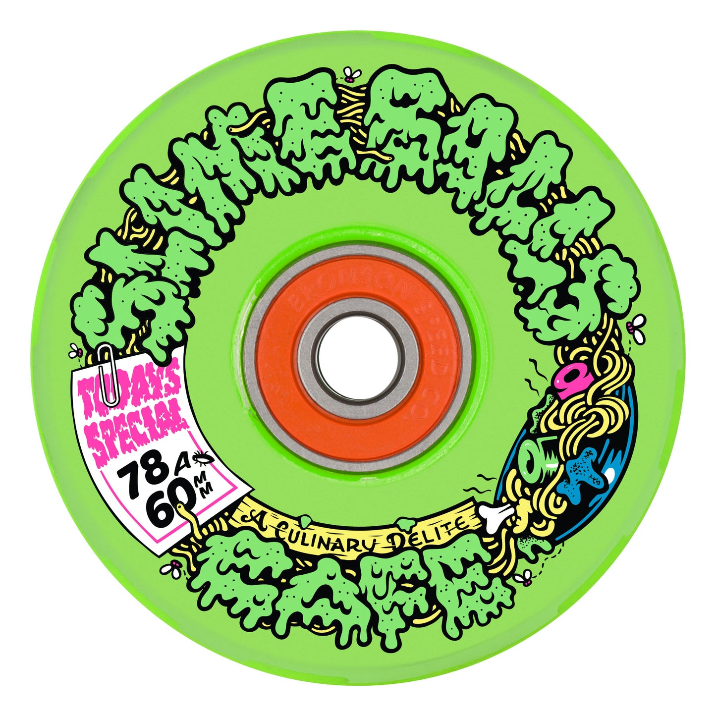 Green skateboard wheel with colorful graphics and text on a white background