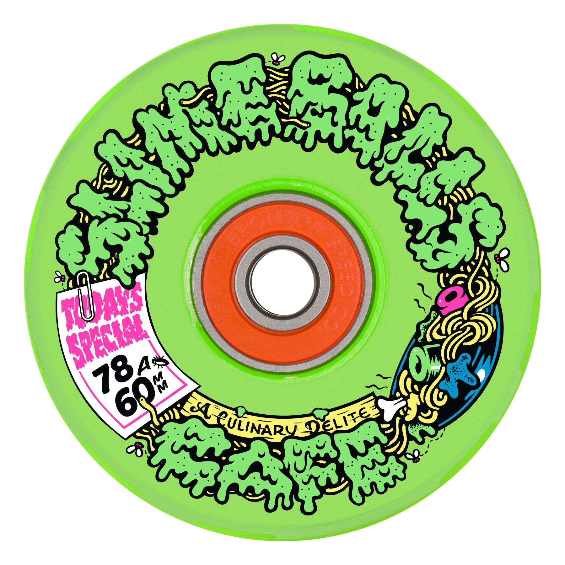 Green skateboard wheel with colorful graphics and text on a white background
