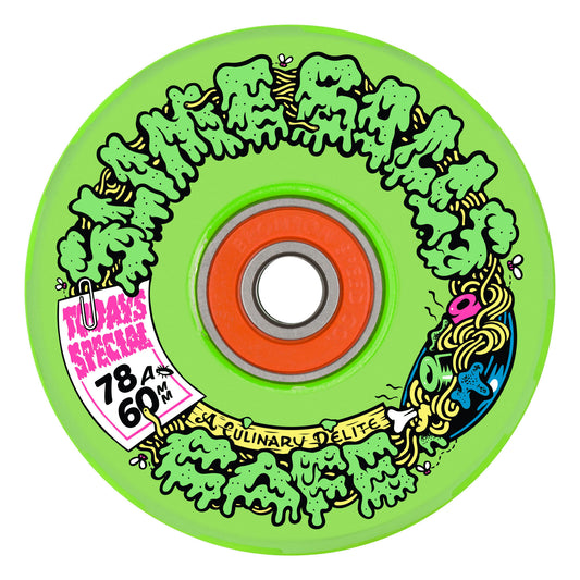 Green skateboard wheel with colorful graphics and text on a white background