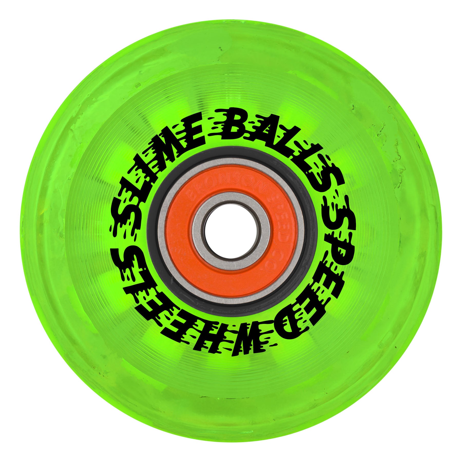 Green wheel with black text and orange center on a white background