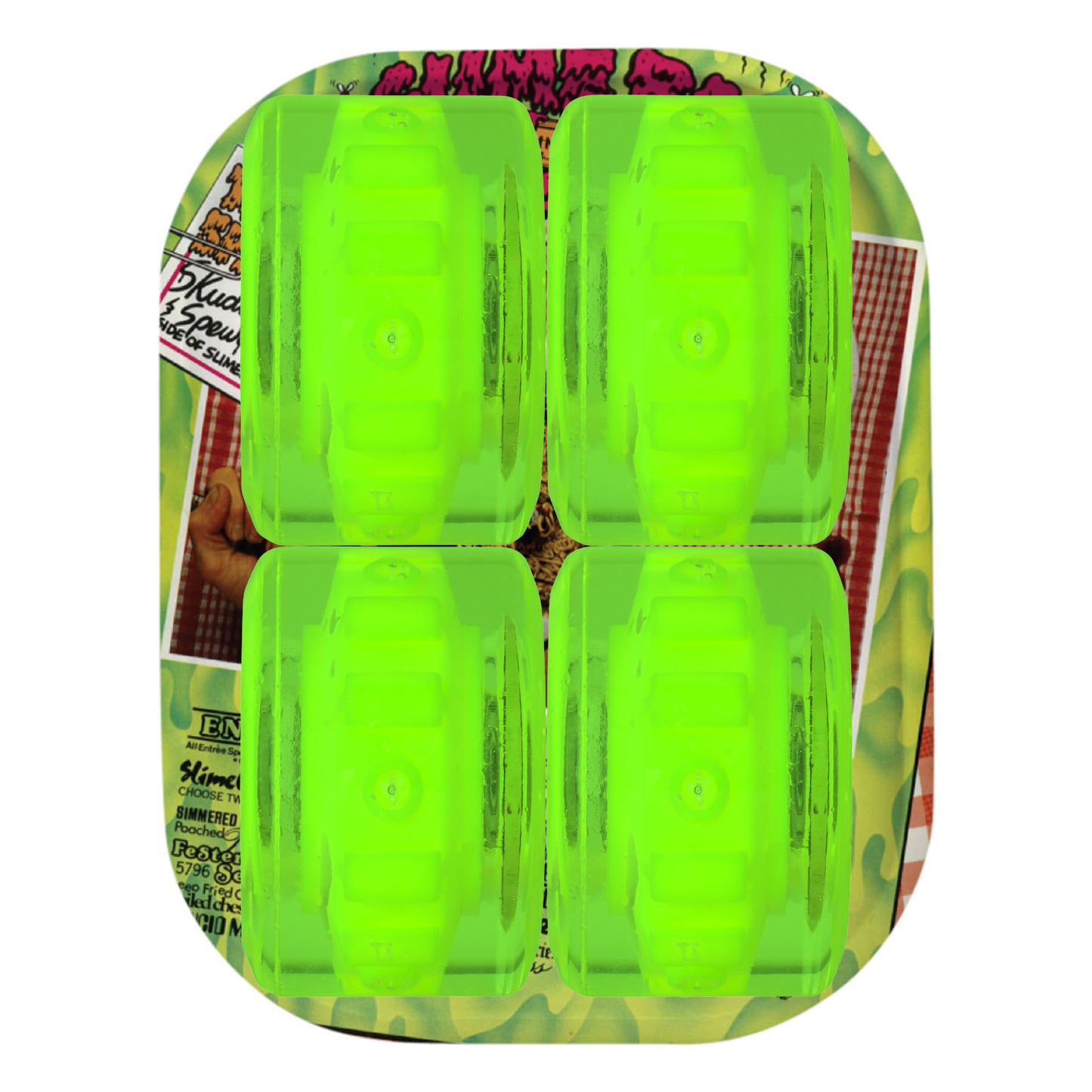 Pack of green hockey pucks with visible branding on a white background