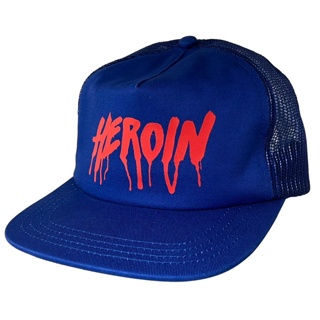 Blue cap with red 'HEROIN' text on a white background