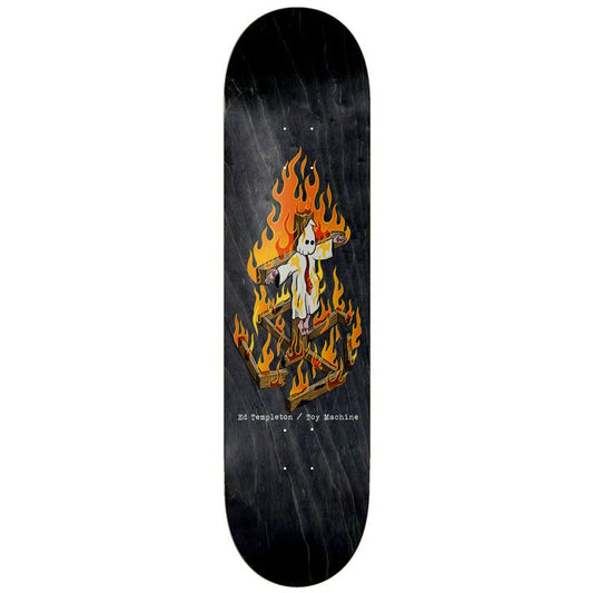 Skateboard deck with a design of a person on fire against a black background