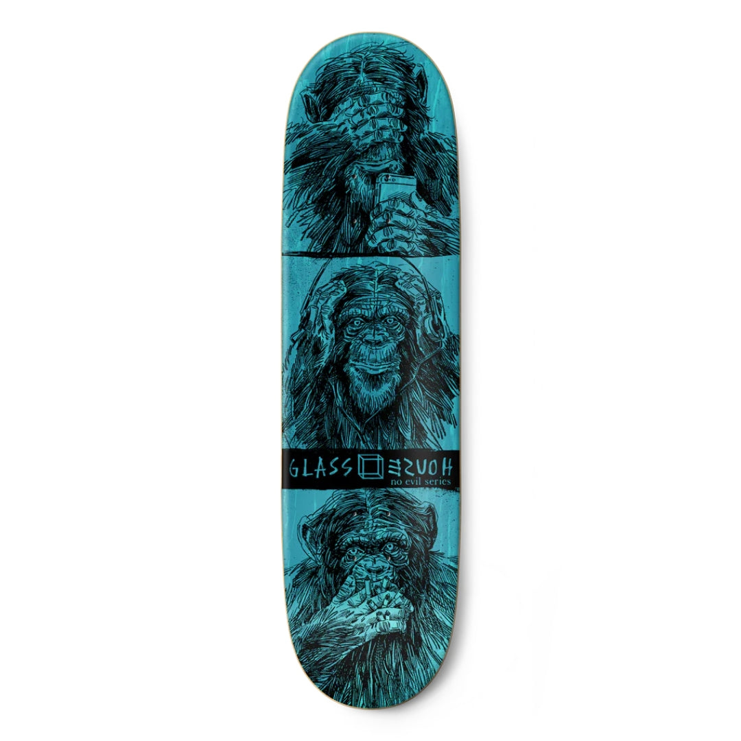Skateboard deck with monkey graphic design on a white background