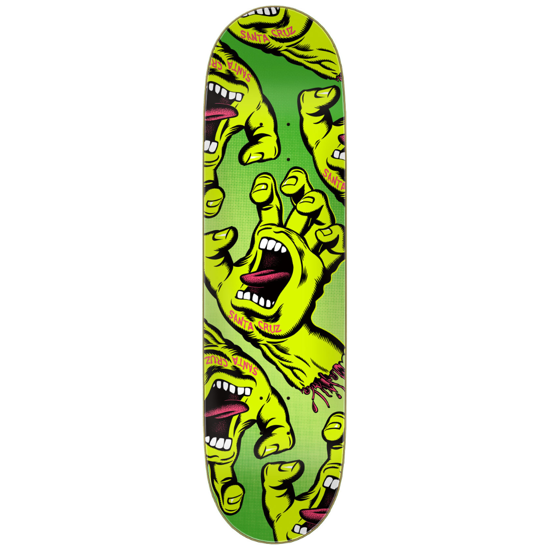 A skateboard deck featuring a repeating graphic of green zombie hands with open mouths, set against a lime green background. The Santa Cruz logo is visible in yellow on the graphic.