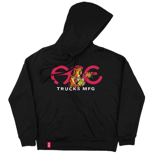 Black hoodie with a colorful logo on a white background