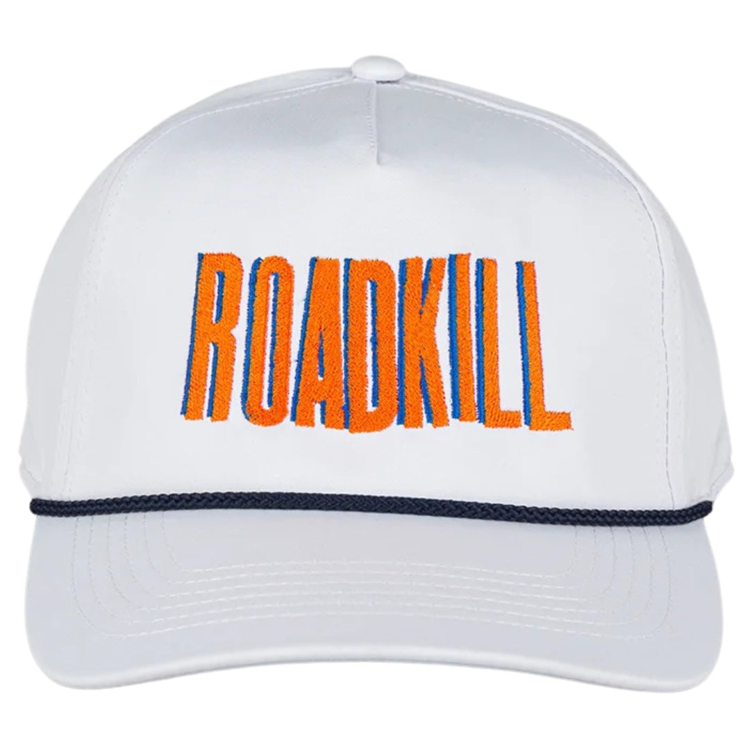 White cap with 'ROADKILL' text in orange and blue on a white background