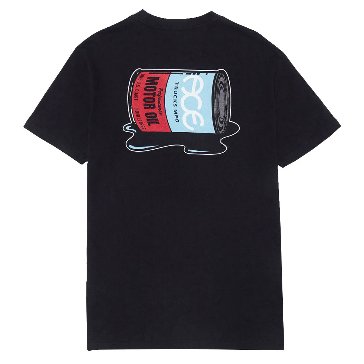 Black t-shirt with a graphic of a can of motor oil and 'RCE' branding on the back.