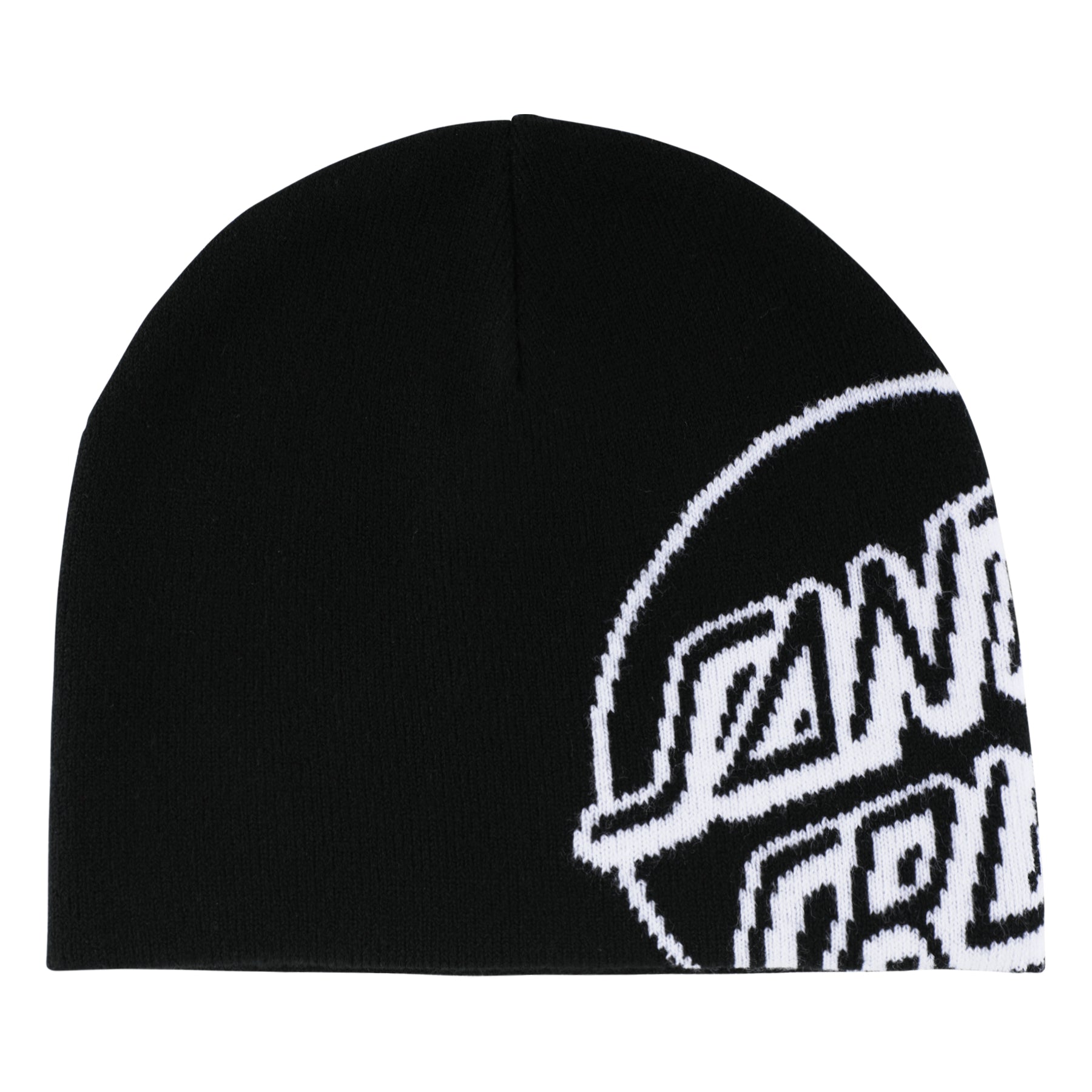 Black beanie with white logo on a white background