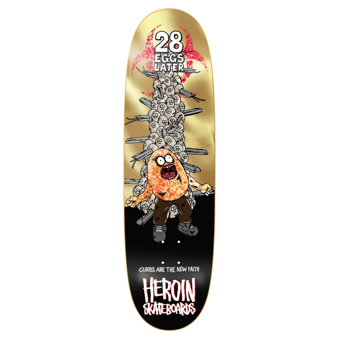 Skateboard deck with cartoon character and text on a white background