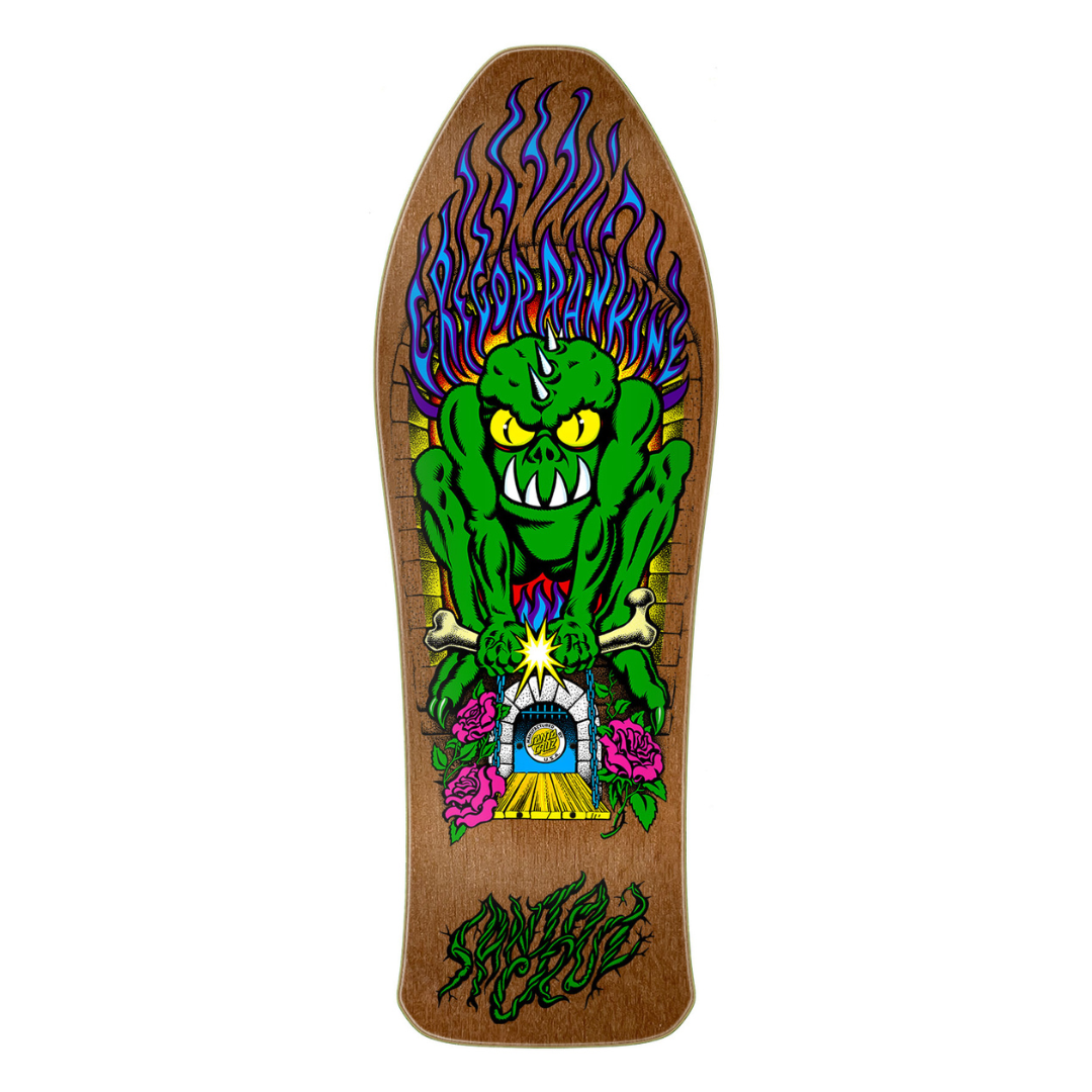 A longboard skateboard deck featuring a detailed graphic of a green monster with blue flames, yellow eyes, and a motorcycle, set against a light brown wood-grain background. The brand name 'Santana' is visible in stylized green lettering at the bottom.
