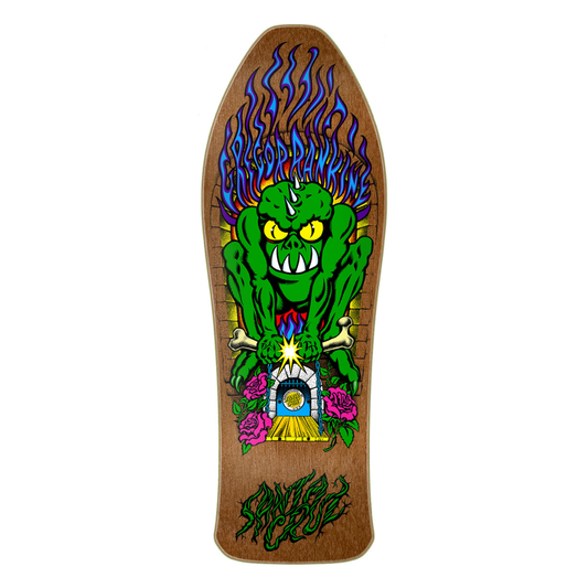 A longboard skateboard deck featuring a detailed graphic of a green monster with blue flames, yellow eyes, and a motorcycle, set against a light brown wood-grain background. The brand name 'Santana' is visible in stylized green lettering at the bottom.