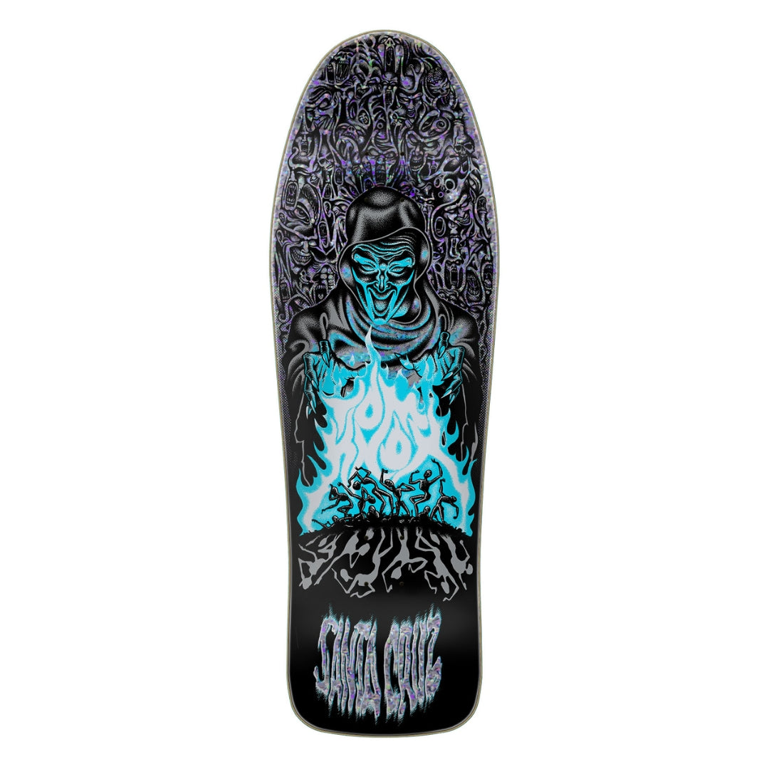 Skateboard deck with a graphic design featuring a figure and text on a white background