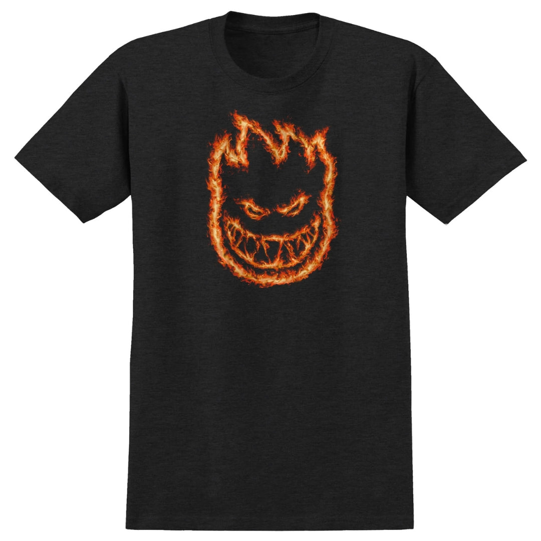 Black t-shirt with a fiery logo design on a white background