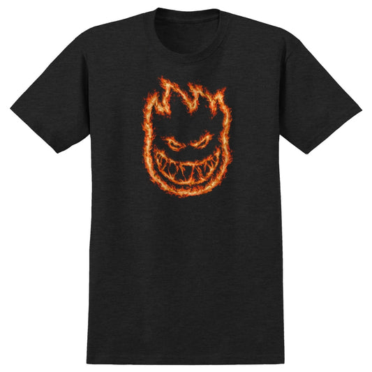Black t-shirt with a fiery logo design on a white background
