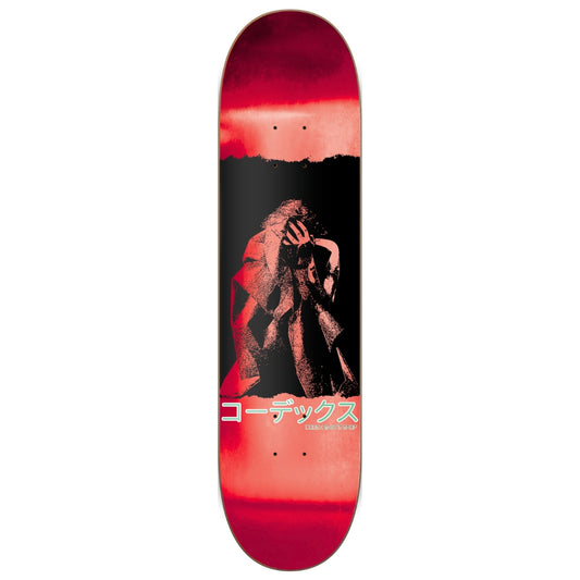 Skateboard deck with red and black design on a white background