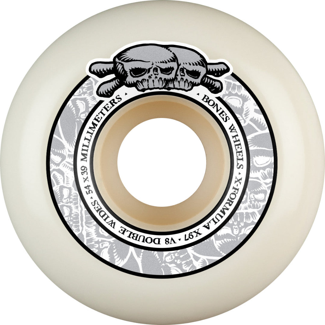 Skateboard wheel with skull and crossbones design on a white background